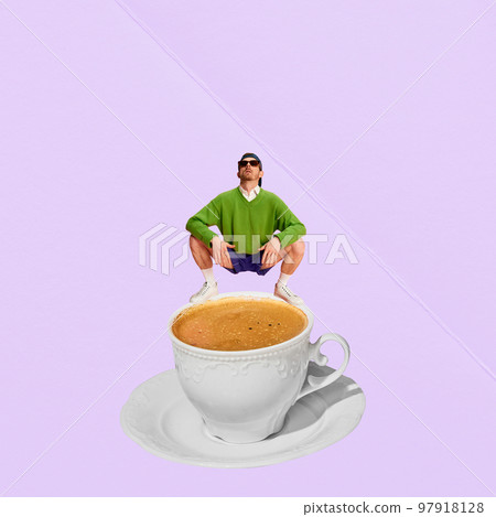 Contemporary art collage. Creative design. Young stylish man sitting on cup with delicious coffee, espresso. Coffee break Contemporary art collage. Creative design. Young stylish man sitting on cup with delicious coffee, espresso. Coffee break 97918128
