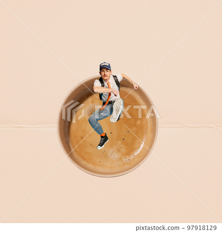 Contemporary art collage. Creative design. Young man, student running with energy over cup with coffee. Burst of caffeine 97918129
