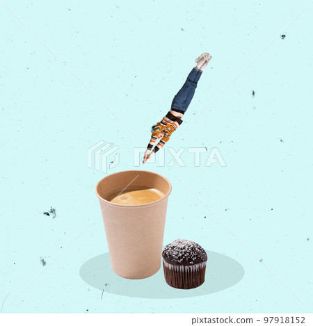 Contemporary art collage. Creative design. Young woman diving into cup with coffee with milk. Coffee and muffin over blue background Contemporary art collage. Creative design. Young woman diving into cup with coffee with milk. Coffee and muffin over blue background 97918152