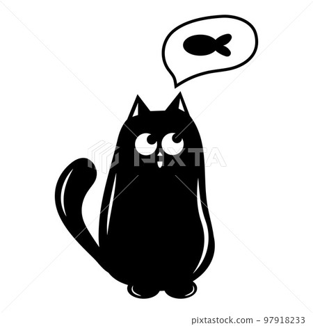 Cute cat dreams of food, black outline vector illustration in doodle style Cute cat dreams of food, black outline vector illustration in doodle style 97918233