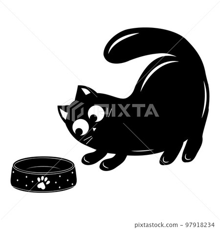 Cute cat with a bowl of food, black outline, vector illustration in doodle style 97918234