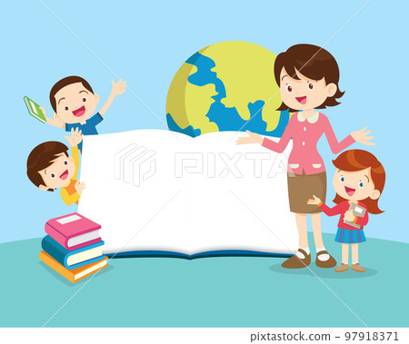 happy teacher with Boy and girls learning or studying.children with Back to School Concept education 97918371