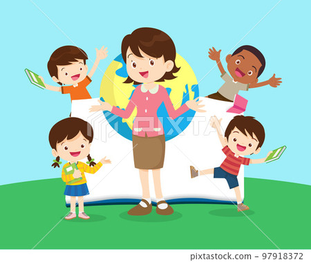 happy teacher with Boy and girls learning or studying.children with Back to School Concept education 97918372