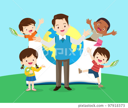 happy teacher with Boy and girls learning or studying.children with Back to School Concept education 97918373