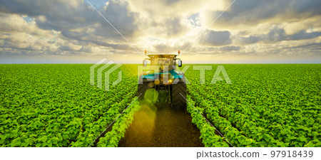 Tractor on soybean field at sunset, 3d render 97918439