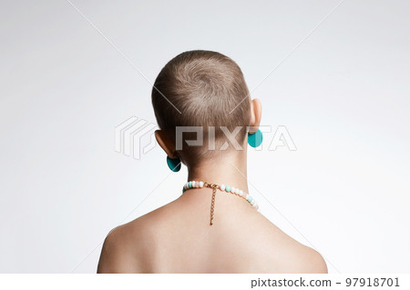 beautiful woman with short haircut. Back of naked bald Girl 97918701