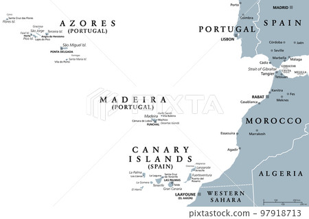 Azores, Madeira, and Canary Islands, gray political map. Autonomous regions of Portugal and Spain, archipelagos of volcanic islands in Macaronesia Region of North Atlantic Ocean, next to North Africa. 97918713