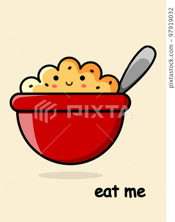 Cartoon bowl with oatmeal. Childrens breakfast. Eat me postcard. Vector illustration 97919032