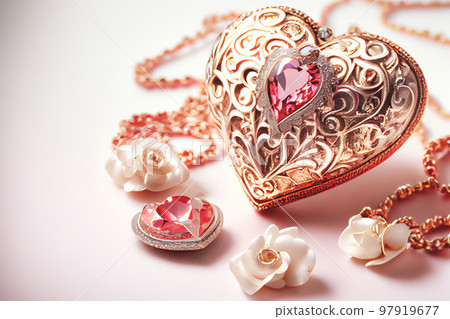 Close up shot of heart jewelry for Valentine's Day background with copy space. Gift ideas for Valentine. Close up shot of heart jewelry for Valentine's Day background with copy space. Gift ideas for Valentine. 97919677