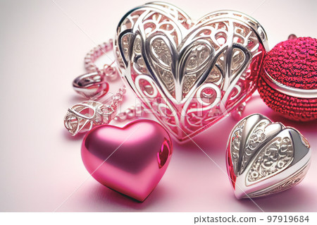 Close up shot of heart jewelry for Valentine's Day background with copy space. Gift ideas for Valentine. Close up shot of heart jewelry for Valentine's Day background with copy space. Gift ideas for Valentine. 97919684