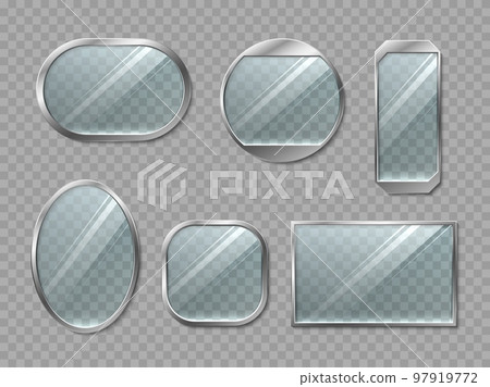 Realistic framed glass banners. Transparent empty glasses of various shapes in metal frames, gloss wall mounted decor, round and square, reflective glasses, 3d isolated elements, utter vector set Realistic framed glass banners. Transparent empty glasses of various shapes in metal frames, gloss wall mounted decor, round and square, reflective glasses, 3d isolated elements, utter vector set 97919772