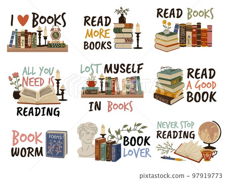 Reading emblems. Books with cute phrases, library labels, cozy quotes, hand drawn retro shelves literature, poems and short stories, poetry and textbook, tidy vector cartoon flat style set Reading emblems. Books with cute phrases, library labels, cozy quotes, hand drawn retro shelves literature, poems and short stories, poetry and textbook, tidy vector cartoon flat style set 97919773