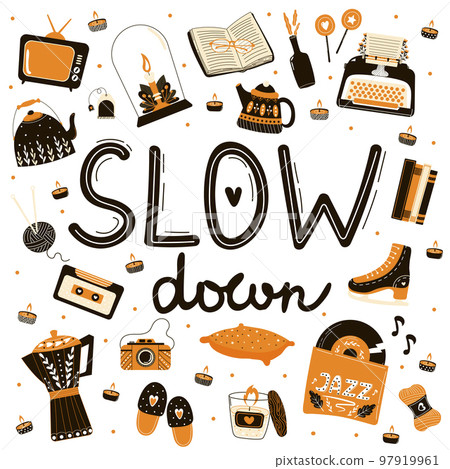Collection of slow down indoor activity, concept of winter comfort and coziness with vinyl records and coffee Collection of slow down indoor activity, concept of winter comfort and coziness with vinyl records and coffee 97919961