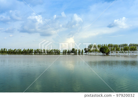 Scenic view of traditional flooded fields like a still lake on floating season in rural Thailand. Landscape of nature in rainy season and storm damage in agriculture. Heavy flood water concept. 97920032
