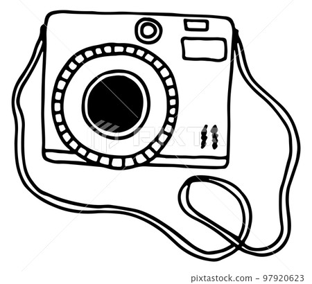 Retro photography camera. Photo device line icon 97920623