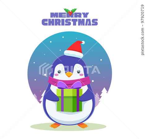 The Penguin is holding the green christmas Present 97920719