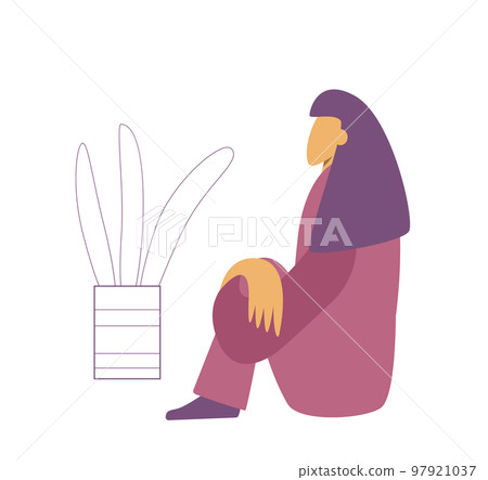 muslim woman sitting near plant and sad about her life. Plant with big leaves. Concept hard life east women. Flat vector illustration isolated on white background muslim woman sitting near plant and sad about her life. Plant with big leaves. Concept hard life east women. Flat vector illustration isolated on white background 97921037