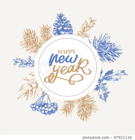 Happy New Year Abstract Botanical Card with Square Frame Banner and Modern Typography. Green and Pink Pastel Colors Greeting Layout. Isolated. 97921116