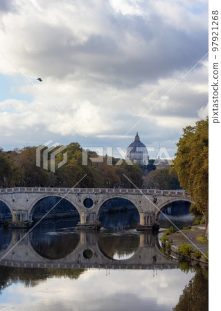 River Tiber and Bridge in a historic City, Rome, Italy. 97921268