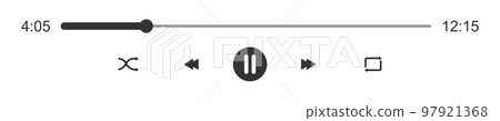 Audio or video player loading progress bar with time slider. Pause, shuffle, repeat, rewind and fast forward buttons. Simple template of media player playback interface Audio or video player loading progress bar with time slider. Pause, shuffle, repeat, rewind and fast forward buttons. Simple template of media player playback interface 97921368