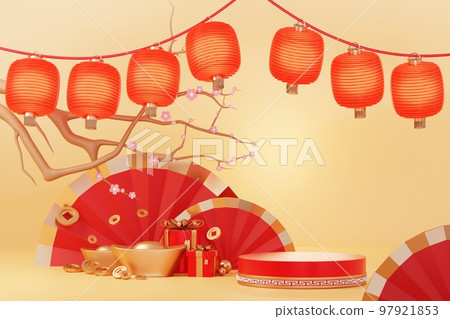 Happy Chinese new year 2023 with the year of Rabbit. Traditional Podium for showing product. Lunar new year red background decorate with Chinese texture, gold, coins, and zodiac sign. 3D render. Happy Chinese new year 2023 with the year of Rabbit. Traditional Podium for showing product. Lunar new year red background decorate with Chinese texture, gold, coins, and zodiac sign. 3D render. 97921853