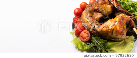 Rabbit meat baked with vegetables and herbs on a plate on a white background. With tomatoes and lettuce, top view. Banner with copy space for text 97922650