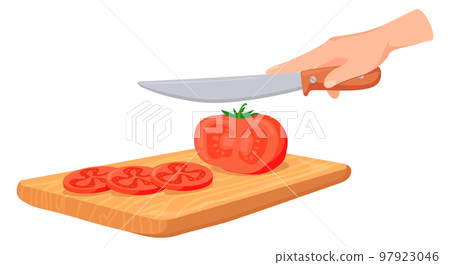 Tomato chopping on cutting board. Cartoon cooking icon Tomato chopping on cutting board. Cartoon cooking icon 97923046