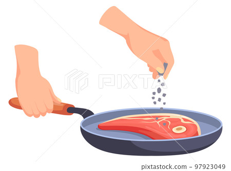Steak seasoning on frying pan. Adding pepper on meat 97923049