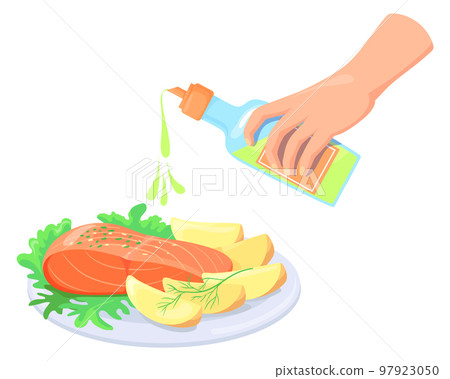 Dish dressing with oil bottle. Fish with vegetables on plate 97923050
