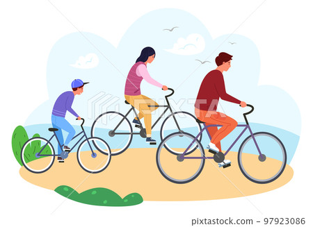 Happy family summer activity. Parents and kid riding bicycle together Happy family summer activity. Parents and kid riding bicycle together 97923086