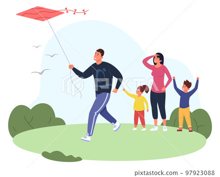 Family playing with flying kite. Summer activity together Family playing with flying kite. Summer activity together 97923088