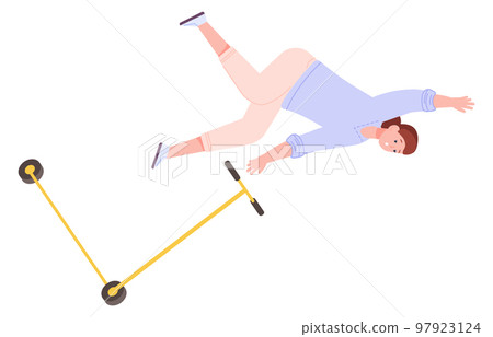 Woman falling down from kick scooter. Street accident Woman falling down from kick scooter. Street accident 97923124