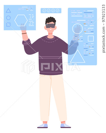 Man in vr headset studying math. Virtual engineering Man in vr headset studying math. Virtual engineering 97923133