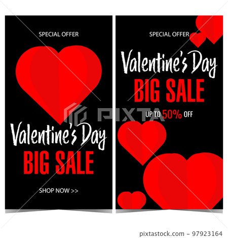 Sale banner or poster for Valentine's Day. Vector illustration with red paper cut heart on black background for sale promotion and discount announcement during the Feast of Saint Valentine shopping. 97923164