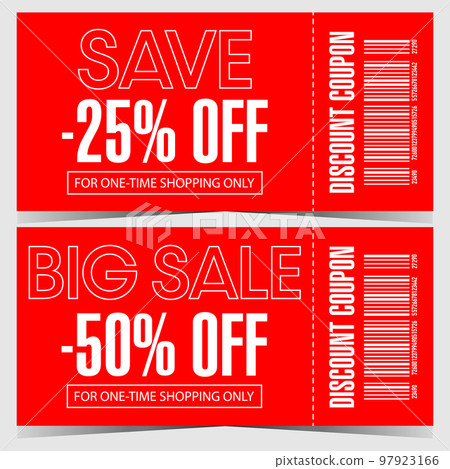 Discount coupon for big sale to save money. Discount voucher or discount certificate with barcode and tear-off part, indication of the rebate percentage on red background. Flat vector illustration. 97923166