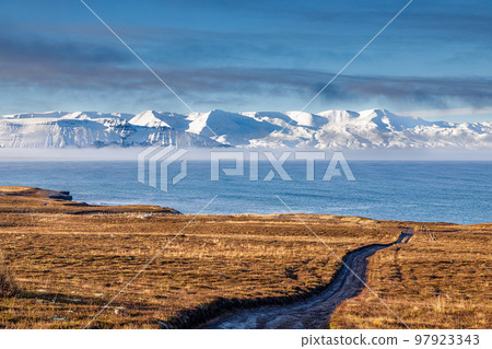 Autumn landscape near Husavik, Iceland 97923343