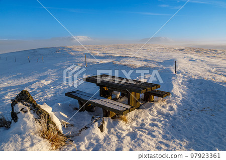 Frosty morning between lakes Myvatn and Masvatn in northern Iceland 97923361