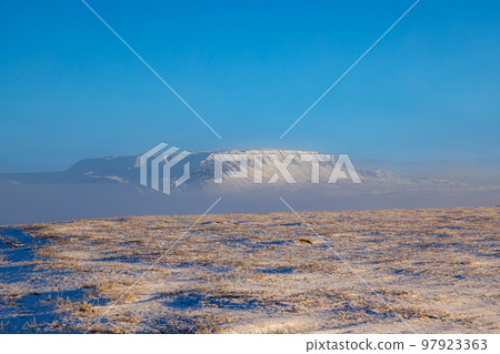 Frosty morning between lakes Myvatn and Masvatn in northern Iceland 97923363