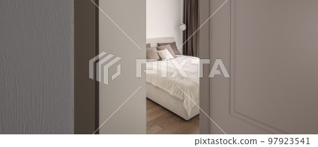 Modern minimalistic bedroom interior design in brown and white shades Modern minimalistic bedroom interior design in brown and white shades 97923541