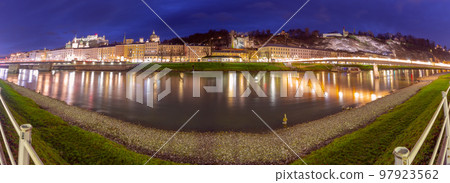Salzburg. Panoramic view of the old historical part of the city and the embankment at sunset. Salzburg. Panoramic view of the old historical part of the city and the embankment at sunset. 97923562