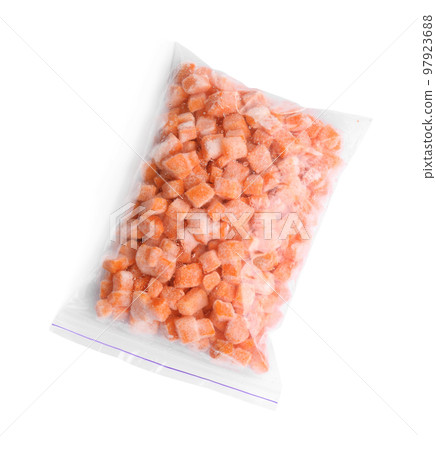 Frozen carrots in plastic bag isolated on white, top view. Vegetable preservation Frozen carrots in plastic bag isolated on white, top view. Vegetable preservation 97923688