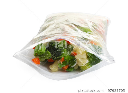 Frozen vegetables in plastic bag isolated on white 97923705