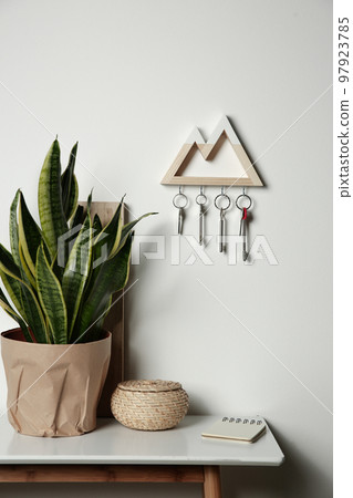 Wooden key holder on light wall indoors Wooden key holder on light wall indoors 97923785