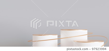 Set of white and golden podiums on gray background. Elegant podiums for product, cosmetic presentation. Modern mock up. Pedestal, platform for beauty products. Empty scene. Banner. 3D render. 97923994