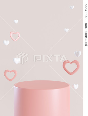 Pink podium with hearts flying in the air. Valentine's Day, Mother's Day, Wedding. Podium for product, cosmetic presentation. Mock up. Pedestal or platform for beauty products. 3D render. Pink podium with hearts flying in the air. Valentine's Day, Mother's Day, Wedding. Podium for product, cosmetic presentation. Mock up. Pedestal or platform for beauty products. 3D render. 97923999