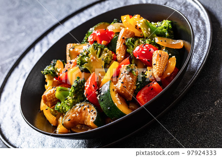 veggies stir-fry with thick soy based sauce veggies stir-fry with thick soy based sauce 97924333
