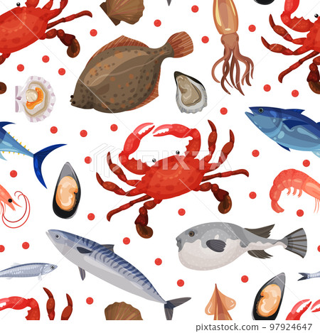 Seafood seamless pattern. Sea products repeating print for wallpaper, wrapping paper, textile, package design cartoon vector 97924647
