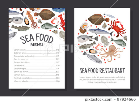 Seafood menu template set. Fresh sea products flyer, card, business promote cartoon vector 97924660