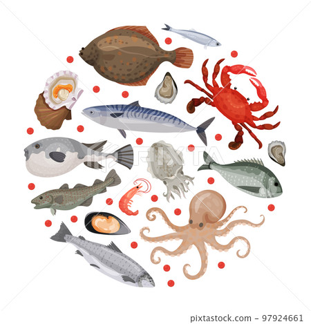 Sea food in round shape. Flounder, mussel, mackerel, lobster, oyster, octopus sea creatures banner, poster, card design template cartoon vector Sea food in round shape. Flounder, mussel, mackerel, lobster, oyster, octopus sea creatures banner, poster, card design template cartoon vector 97924661