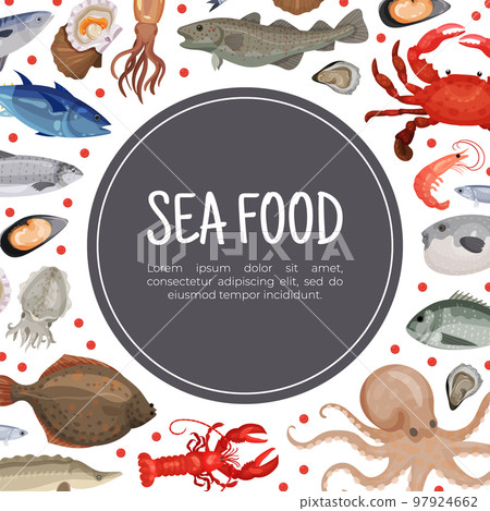 Sea food banner. Flounder, mussel, mackerel, lobster, oyster, octopus sea creatures for restaurant menu, flyer, card, poster, card design template cartoon vector 97924662